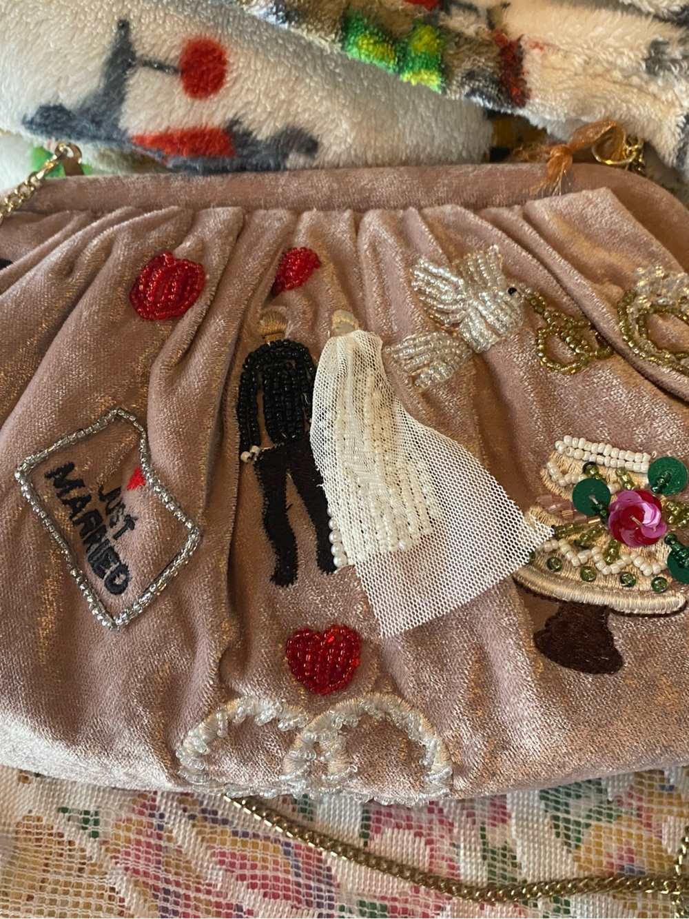 ‘Just Married’ Embroidered Velvet Beaded Wedding Clutch Purse, Soft Pink Multi